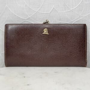 Vintage Mark Cross Checkbook Wallet 7" Brown Kiss Lock Bifold Soft Leather Italy